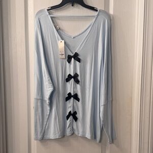 Francesca's Light Blue Long Sleeve Top with Black Bow Details